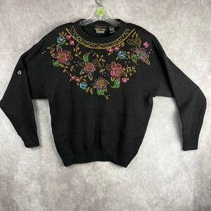 Vintage Beaded Sweater Wmns L Black Flowers Sequin Knit Top Grandma Cottage Core